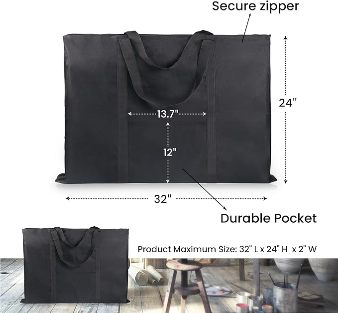 JJRING Dacron Art Portfolio Tote Bag 24'' x 32'' For 23'' x 31'' Black | Light Weight Carrying Storage Case Suitable Poster, Sketching, And Drawing - Image 2