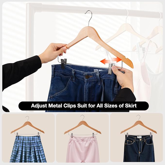 Wooden Hangers with Clips 24 PCS Pants Hangers with Clips,Smooth Solid Wooden Pants Hangers,360 Swivel Hooks & Adjustable Clips,for Jeans,Skirt,Suit,Shorts,Scarf. - Image 3
