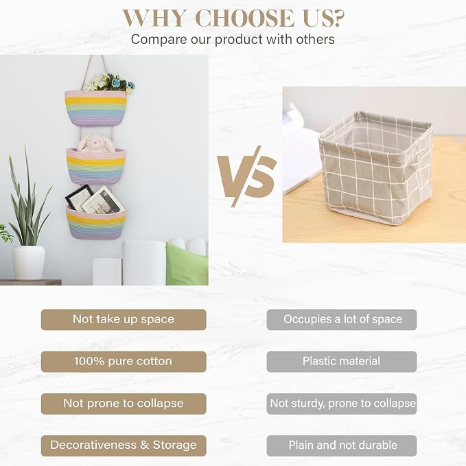TeoKJ Over the Door Hanging Basket, 3-Tier Woven Cotton Wall-Mounted Storage Organizer Bag Decorative Hanging Nursery Baskets, Rainbow - Image 9