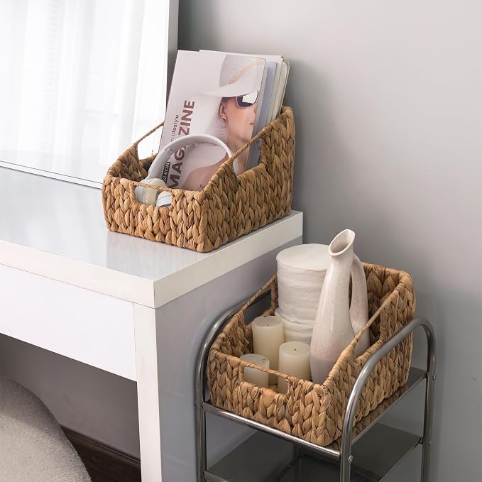 KOKODO 2-Pack Open Front Pantry Baskets, Handwoven Water Hyacinth Wicker Storage Baskets with Built-in Handles, Organizing Bins for Shelves - Image 2