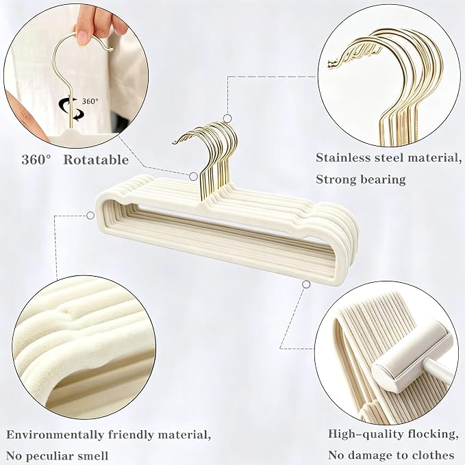 20 Pack Velvet Pants Hangers for Closet Space Saving, Thin Hanger(White) | Heavy Duty Flocked Trouser Hangers,Strong, Durable, Clothes Hanger with Golden Swivel Hook, Jean Hangers for Women and Men - Image 2