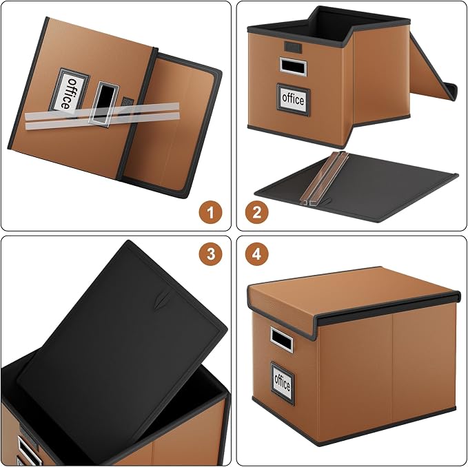File Organizer Box with Lids, Collapsible File Folder Organizer | File Box with Plastic Slides for Document, Filing Bin for Letter Size Hanging File Folders (2 Pack, Caramel, Leather) - Image 7