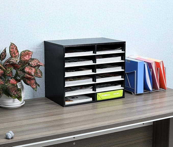 EasyPAG 12 Compartments Wooden Literature Organizer with Adjustable Shelves, 6000 Sheets Capacity Paper Organizer, Classroom Mailbox and Mail Sorter for Teachers and Office, Black/White - Image 4