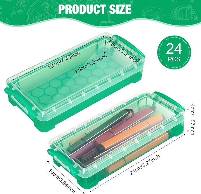 Gueevin 24 Pcs Large Capacity Plastic Pencil Box Clear Plastic Pencil Case Crayon Box with Snap Tight Lid Watercolor Pen Storage Brush Organizer Drawing Tools Container (Green) - Image 2