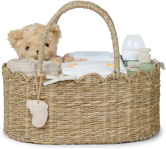 YANGQIHOME Diaper Caddy Organizer, Seagrass Nursery Baby Basket for Baby Essentials, Scalloped Wicker Diaper Caddy, Baby Shower Gifts (MeadowNest) by YANGQIHOME