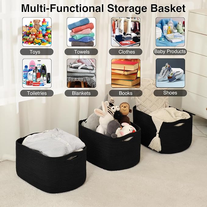 ICERZCZ Large Storage Baskets for Organizing Shelves, Woven Cotton Rope Bins for Baby Nursery Organization, Book Toy Towel Organizer, 17"x13"x9.5", 3 Packs, Black - Image 4