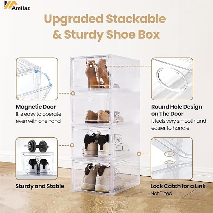 12 Pack Clear Shoe Storage, Stackable Shoe Organizer, Shoe Boxes for Closet | Plastic Shoe Containers with Magnetic Door, Sturdy Sneaker Storage Organizer, Shoe Cabinet Fit up to US Size 12 - Image 3