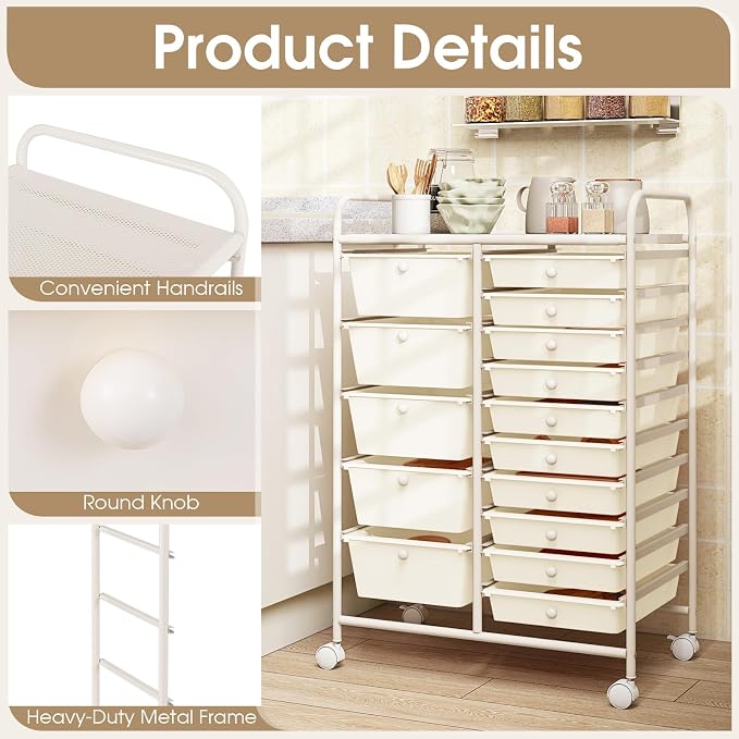 Moccha 15-Drawer Rolling Storage Cart - Under Desk Storage Drawers with wheels for Craft Art Supply Paper Salon, Scrapbook Paper Tools, Mobile Utility Cart for Classroom (15 Drawers, White) - Image 6