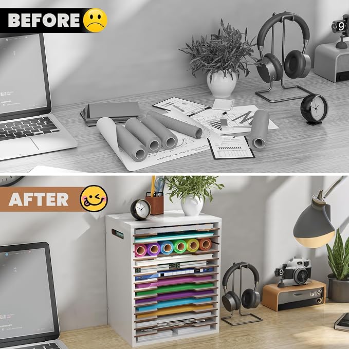 8.5x11 Scrapbook Paper Organizer Wood, 15 Tier Desk File Organizer with Handle, 9x12 Construction Paper Storage Holder Letter Tray Mail Sorter for Craft Room Home Office Classroom, White - Image 5