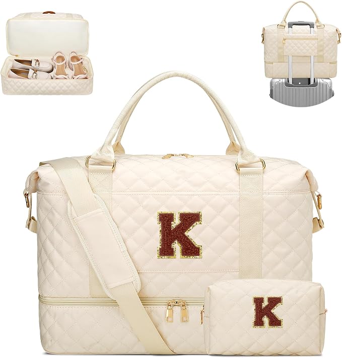 Monogram Dance Bag for Girls with Makeup Pouch(Beige,K) | Gifts for Women-Overnight Bags with Toiletry Bag-Weekender Bags with Shoe Compartment for Travel by Unknown