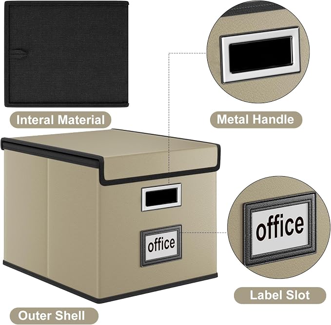 Foldable File Organizer Box with Lids (1 Pack, Khaki, Leather) | File Box with Plastic Slides for Document, Filing Bin for Letter Size Hanging File Folders (1 Pack, Khaki, Leather) - Image 3