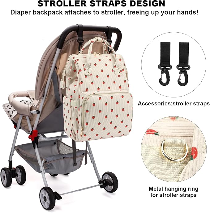 Corduroy Diaper Bag Backpack for Baby Girls Boys, Women Large Nappy Bags for Mom (Beige Corduroy Strawberry) - Image 6