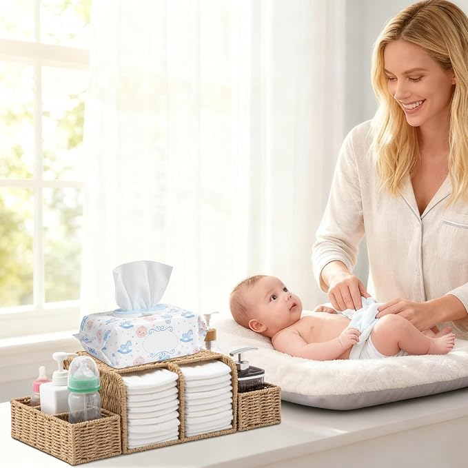 Large Wicker Diaper Caddy Organizer, Detachable Modular Changing Table Organizer for Nursery, Woven Diaper Storage Dispenser Basket for Nursery Diapering Baby Essentials Gift (Khaki,Paper) - Image 5