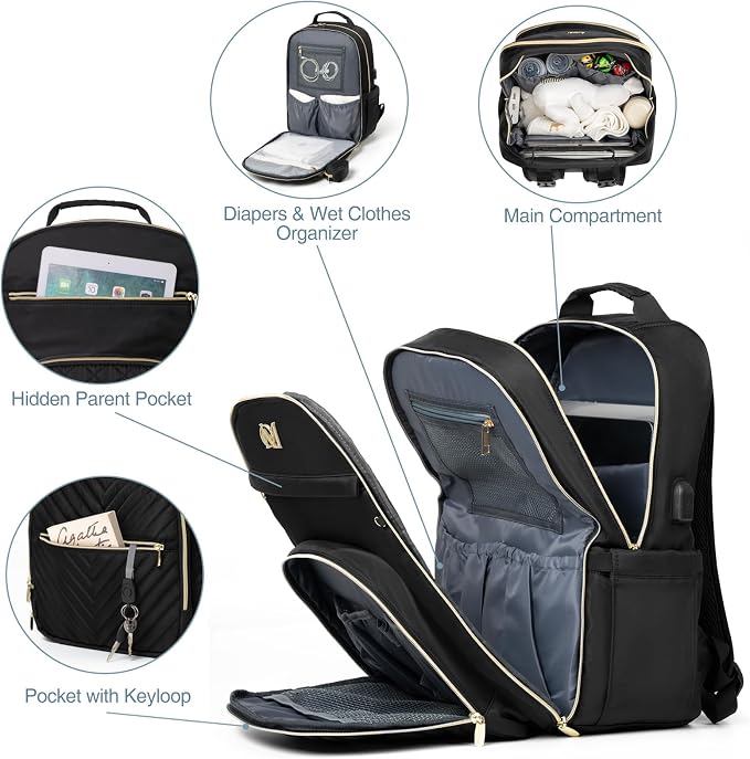 Diaper Bag Backpack, Quilted Baby Bag with Changing Pad & Stroller Straps & Pacifier Case, Large Travel Diaper Bags for Mom Dad, Black - Image 6