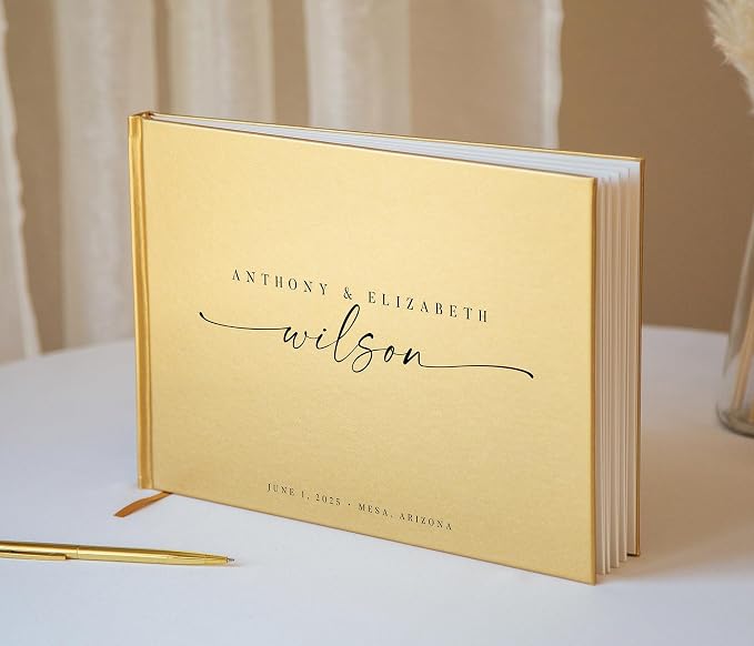 Personalized Guest Book - 11.5" x 8.5" Custom Bride & Groom Names with Bookmark and Hard Cover 140 GSM Blank Pages, for Weddings Guest Book, Engagements, Birthdays, Special Events, Gold - Image 6