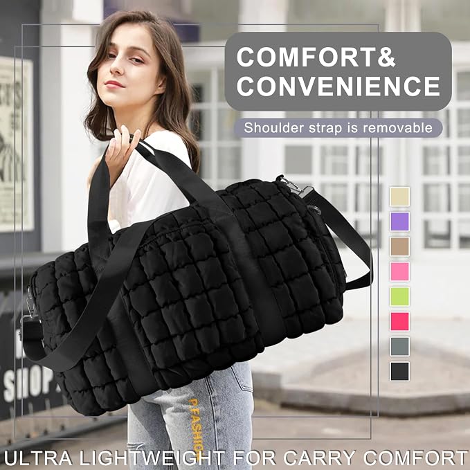 Quilted Travel Duffle Bag Gym Bag for Women,Large Puffer Duffle Weekender Bag with Compartment,Workout Overnight Carry on Organizer Bag Duffle Bag for Airplane Travel(Black) - Image 8