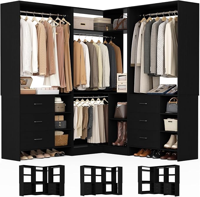 Aheaplus Closet System with 6 Drawers, 4 Hanging Rods & Corner Tower, Corner Closet System with Hanging,92.6" L-Shaped Walk-In Wardrobe Organizer, 2000+ lbs Capacity, Set of 3, Black by Aheaplus