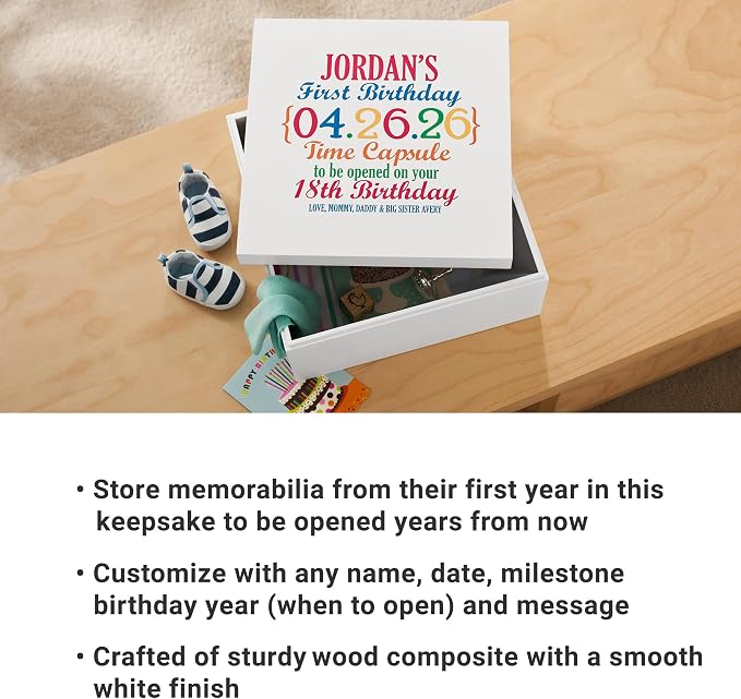 Let's Make Memories Personalized First Birthday Time Capsule - Baby Keepsake Box - Child's Memory Box - Sturdy Wood Composite - 12" Lx12 Wx6 H - First Birthday - Image 3