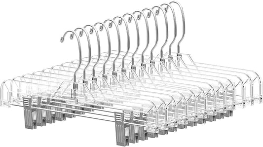 14" Clear Pants Hangers with Clips 12 Pack, Plastic Skirts Hangers | Slim Space Saving, Adjustable Clips Hangers with 360° Swivel Hook & Non-Slip Pad for Adults and Kids, Pants, Shirt, Jeans by UEAKPIC