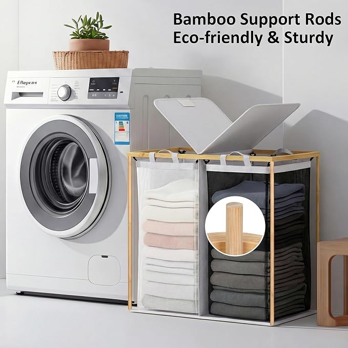 efluky Laundry Hamper with Lid, Double Laundry Basket with 2 Removable Bags, 2 Section Laundry Bin with Bamboo Handles for Bathroom, Bedroom & Laundry Room, 140L (36.9 Gallon) Light Grey - Image 2
