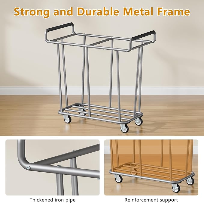 Gewudraw 2 Bag 360L Laundry Baskets with Wheels Heavy Duty | Big Rolling Hamper with Removable Bags, Heavy-Duty Steel Frame, Industrial Laundry Basket Organizer for Laundry Room - Image 5