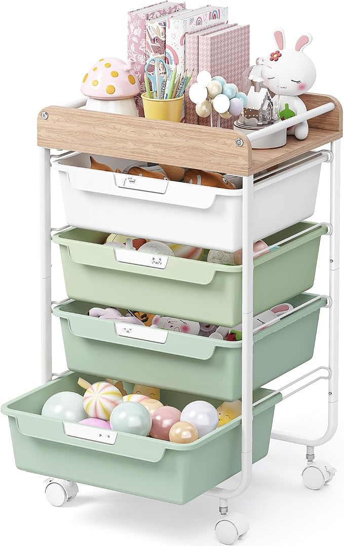 SYKIARIOL Rolling Storage Utility Cart with 4 Drawers,Art Cart,Green | Kids Craft Cart,Makeup Organizer and Storage with Wooden Tabletop by SYKIARIOL