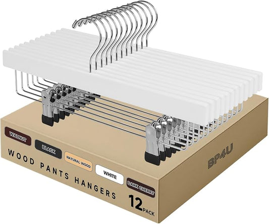 14" Wood Pants Hangers with Adjustable Non-Slip Clips, White, 12-Pack | Solid Wood Material, Bottom Hangers with 360° Swivel Hook, Space Saving Hangers for Skirts, Slacks, Trousers, Jeans by BP4U%E2%84%A2