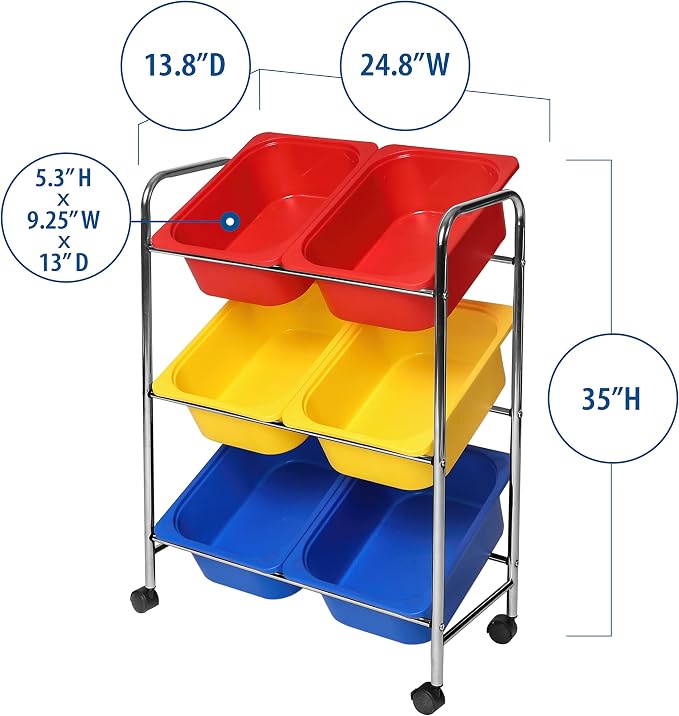 Seville Classics Rolling Utility Organizer Storage Cart, for Home Office, School, Classroom, Scrapbook, Hobby, Craft, 6-Bin, Multicolor - Image 4