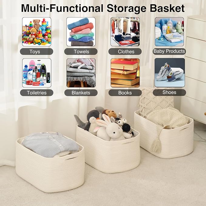 ICERZCZ Large Storage Baskets for Organizing Shelves, Woven Cotton Rope Bins for Baby Nursery Organization, Book Toy Towel Organizer, 17"x13"x9.5", 3 Packs, Off White - Image 4