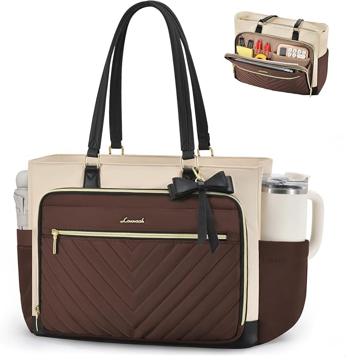 LOVEVOOK 17 Inch Laptop Tote Bag for Women, Nurse Work Bag with Large Cup Holder, Quilted Diaper Bag for Travel, Computer Women's handbags for Teacher gift, Coffee-apricot-black by LOVEVOOK