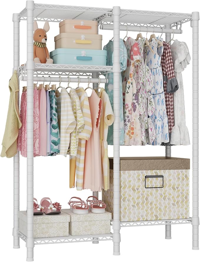 F1 Garment Rack for Kids, 4 Tiers Closet System Hold 410lbs, White | Clothing Rack for Baby and Children's Room, Small Freestanding Clothes Racks with 2 Hanger Rods, 31.2"W x 11.8"D x 48"H by Ulif