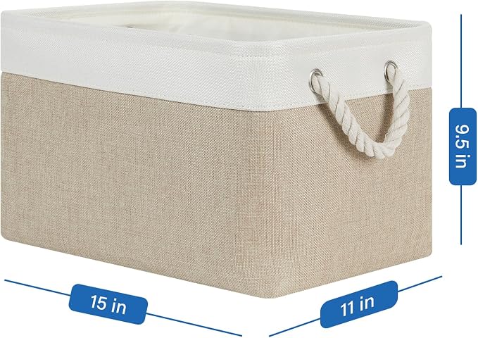 Temary Fabric Storage Baskets 4Pack Storage Bins Decorative Basket for Gift, Clothes Bin with Rope Handle, Rectangle Baskets for Storage, Blankets(White&Khaki,15x11x9.5 inch) - Image 2