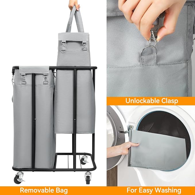 WOWLIVE Double Laundry Hamper with Wheels, 170L Rolling Laundry Basket | 2 Section Laundry Hamper, Laundry Cart with Steel Frame, Removable Bags, Large Dirty Clothes Hamper Dorm Room Storage, Grey - Image 6