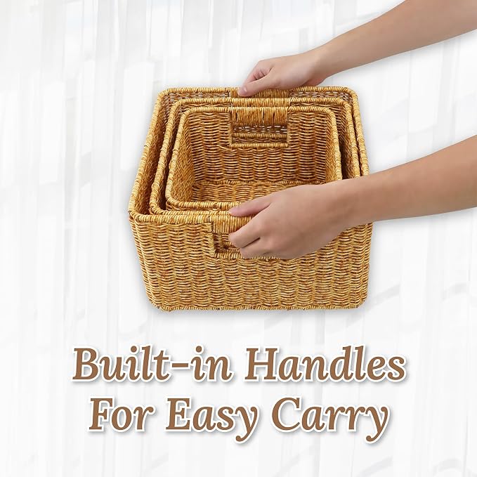 WeeNest Baskets with Handles, Wicker Storage, Shelf Boxes for Organizing, Decorative Resin, Set of 3, Amber - Image 6