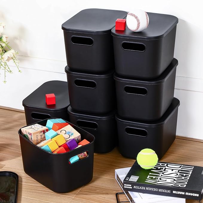 8 Pack Storage Bins, 9.8 X 7.1 X 6.3 Inch Black | Plastic Stackable Containers with Lid Handle, For Shelves Desktop Playroom Office, Organizing Toys Books Supplies Storage - Image 4