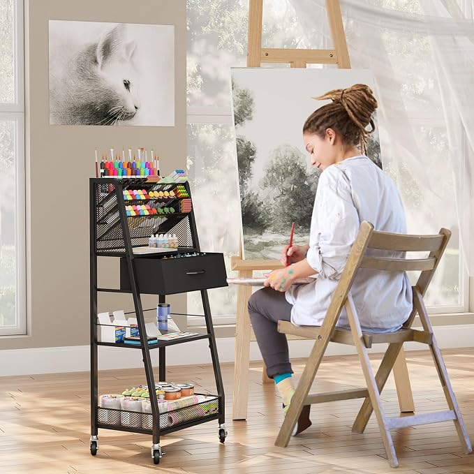 3 Tier Rolling Cart - Metal Utility Cart with Storage Drawer and Wheels, Versatile Art & Craft Organizer for Home, Office, or Studio - Ideal for Storing Brushes, Paints, and Supplies（Black） - Image 5