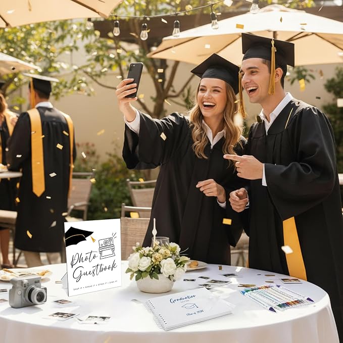 12 Pcs 2026 Graduation Guest Book with Photo Sign Decor 80 Pages Class of 2026 Scrapbook Photo Album with 10 DIY Dual Tip Metallic Markers Pens Gift, Exclude Camere(Graduation Cap,White,10.4 Inches) - Image 7