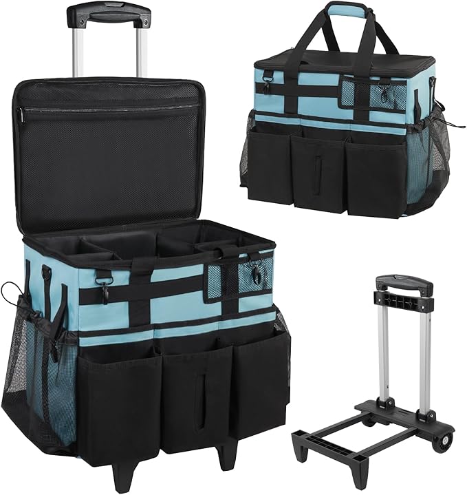 SCAVATA Rolling Cleaning Caddy Bag with Detachable Trolley, Large Cleaning Supplies Organizer with Wheels, Multi Pocket Cleaning Cart with Adjustable Shoulder Strap for Housekeepers & Home, SkyBlue by Tidyyourlife