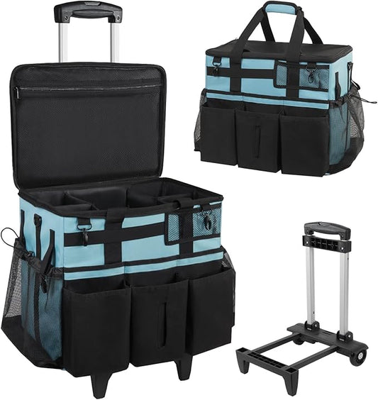 SCAVATA Rolling Cleaning Caddy Bag with Detachable Trolley, Large Cleaning Supplies Organizer with Wheels, Multi Pocket Cleaning Cart with Adjustable Shoulder Strap for Housekeepers & Home, SkyBlue by Tidyyourlife