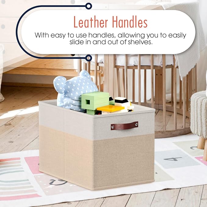 Ornavo Home 13x15x13 Foldable Fabric Storage Cube Bins, 6 Pack, White/Khaki | Collapsible Linen Shelf Basket Organizer; Leather Handles; Fits Cube Storage Shelving Units - Image 4