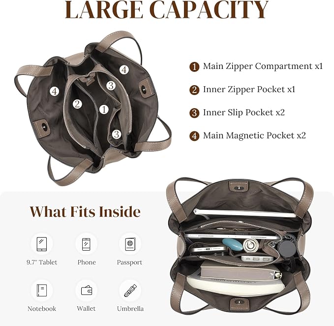 S-ZONE Soft Genuine Leather Tote Bag for Women, Shoulder Handbag Purses | Top Grain Pebbled Cowhide Leather, Fits 9.7" Pad, Multi Compartments, Bottom Metal Rivets, for Work Travel Daily - Image 5
