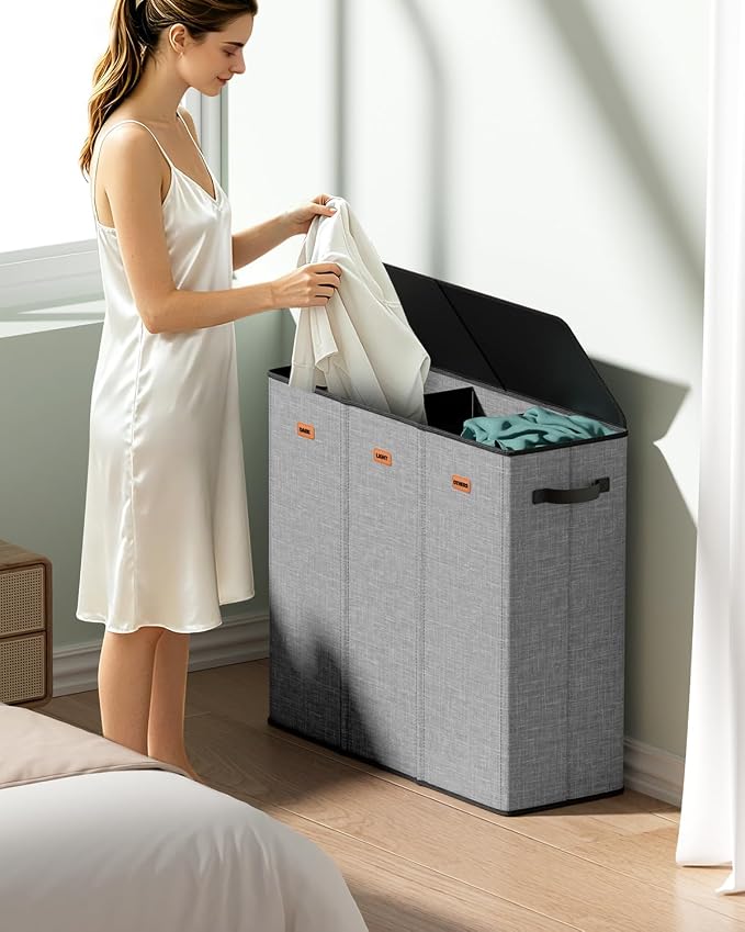185L Laundry Hamper 3 Section with Lid & Removable Bags | Collapsible laundry basket organizer for laundry room, bedroom & dorm with 3 removable washing bags - Image 3