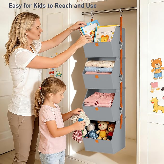 DIMJ Hanging Closet Organizer - 4 Tier Collapsible Hanging Shelves with Hooks Zipper, Fabric Clothes Organizer, Space-Saving Storage Bin Basket for RV, Bedroom, Laundry Organization - Image 4
