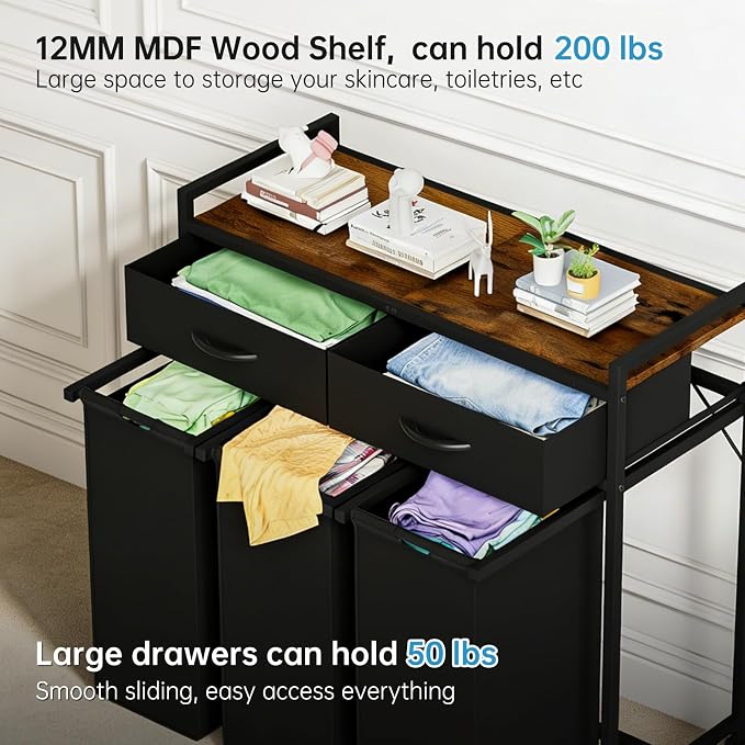 Laundry Sorter with 3 Section Pull Out Bags Rolling Laundry Basket Organizer with 2 Drawers Laundry Hamper with Shelves and Wheels for Laundry Room, Bathroom, Bedroom Organization (1 Tier) - Image 3