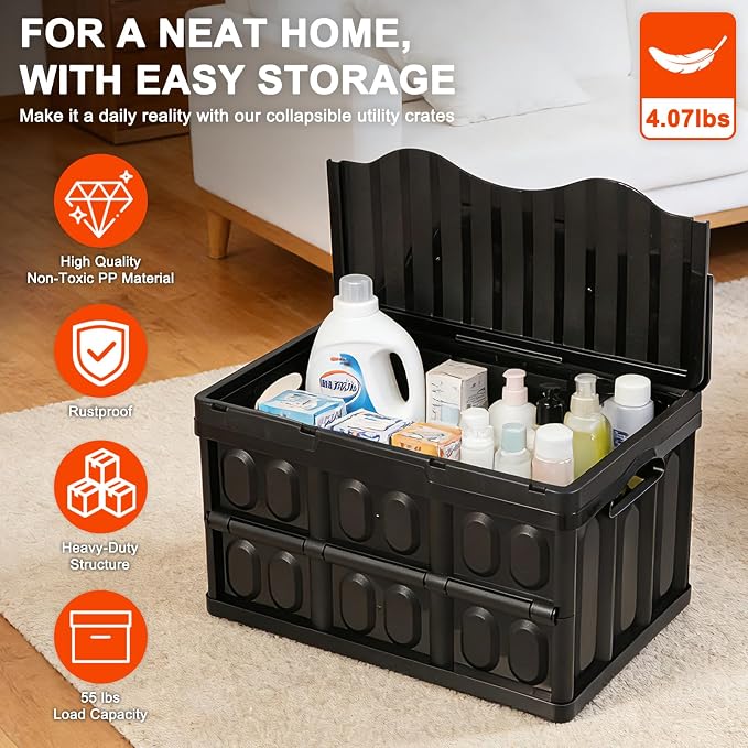 3-Pack Plastic Collapsible Storage Bins with Lids, | 45L Stackable Plastic Crates for Storage, Holds 55 lbs Per Bins, Heavy Duty Containers for Home Organizing, Tools & Camping - Image 4