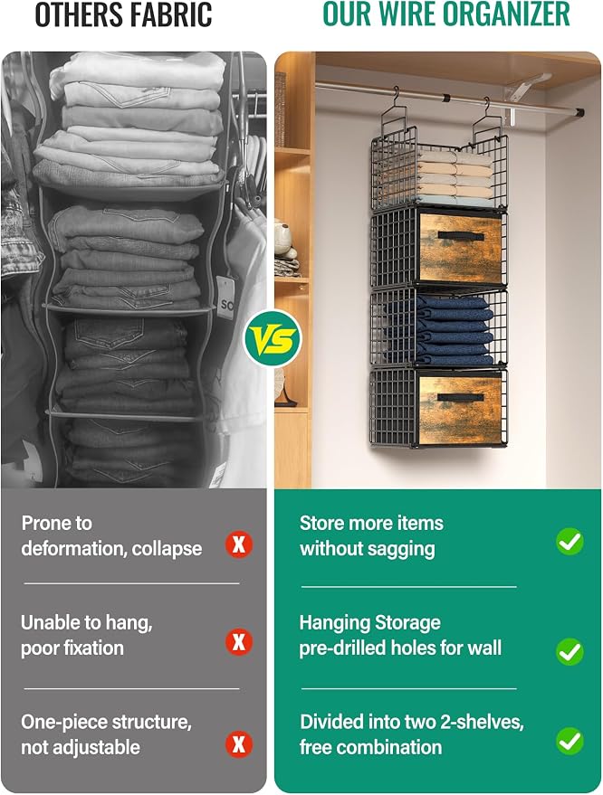 Hanging Closet Organizer with Drawers, 4 Tier Metal Closet Organizers and Storage with 4 Hanging Hooks 4 S-Hooks for Wardrobe Laundry Room, Wire Storage Shelf for Clothes Sweaters Pants (Black) - Image 4