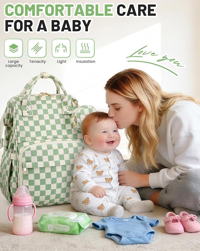 Corduroy Diaper Bag Backpack, Large Capacity Multifunction Baby Diaper Bags for Women, Insulated Bottle Pockets & Pacifier Case, Stylish Travel Nappy Changing Bags for Mom Dad (Checkered Green) - Image 2