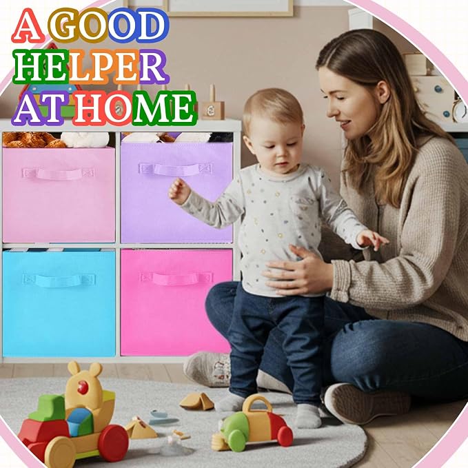 Yinder 4 Pcs Cube Storage Bin 10.5''x10.5''x11'' Storage Bins for Playroom Decor Colorful Bins for Kids Purple Foldable Baskets for Nursery Organizer Boxes Fabric Boxes(Blue, Purple, Pink, Rose Red) - Image 5