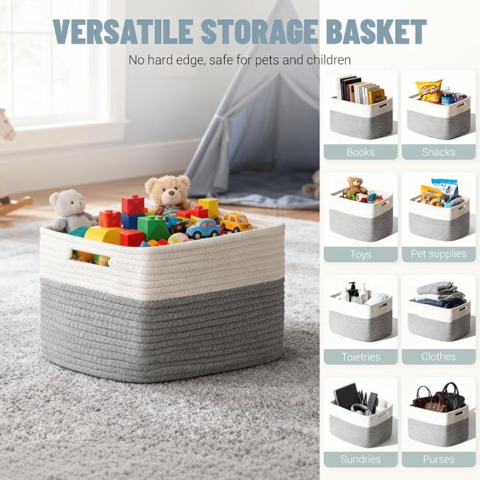 5 Pack Woven Storage Baskets, Decorative Storage Bins for Organizing | 13.8'' × 9.8'' × 7.9'', Cotton Rope Basket Organizer for Closet, Shelves, bathroom, Nursery, Toys, Books, Pantry, Gray/White - Image 5