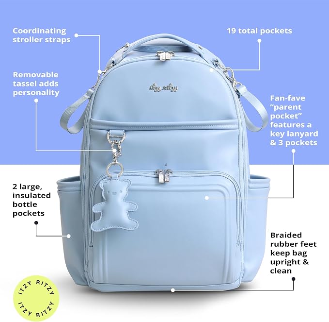 Itzy Ritzy Boss Plus Large Diaper Bag Backpack with 19 Pockets (Teddy Blue) | Includes 2 Insulated Bottle Pockets, Changing Pad, Stroller Clips, Comfortable Padded Straps, Easy-to Clean, Travel-Ready - Image 3
